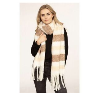 Taupe Beige Scarf Winter Fringed Striped BIG 84"Lx14"W